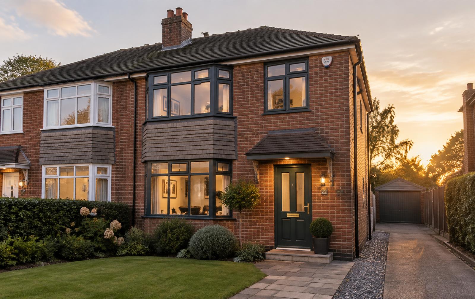Brick home with new grey windows and a green composite front door